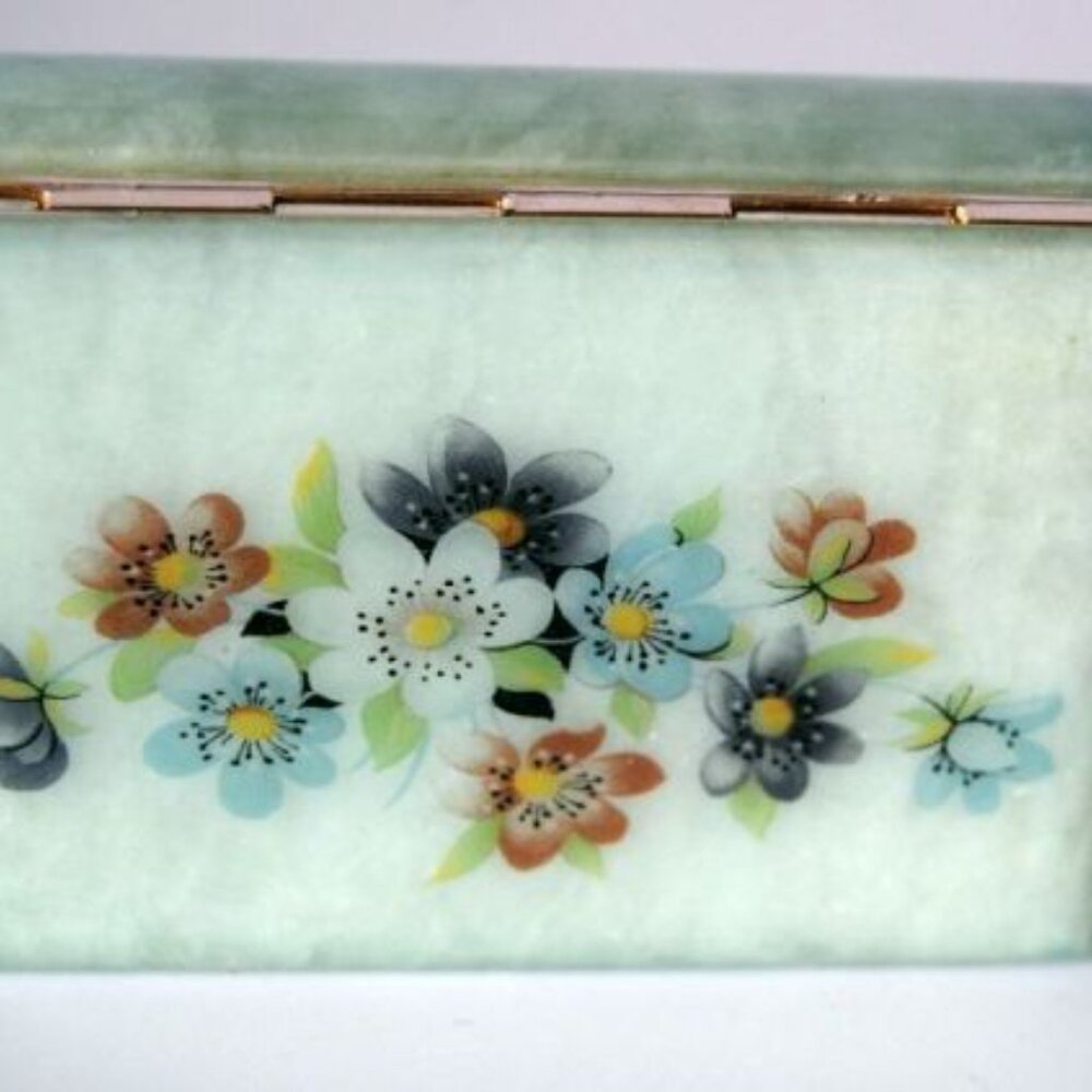 Vintage Trinket Box Floral Alabaster Himark Giftware Made In Italy Hinged Green